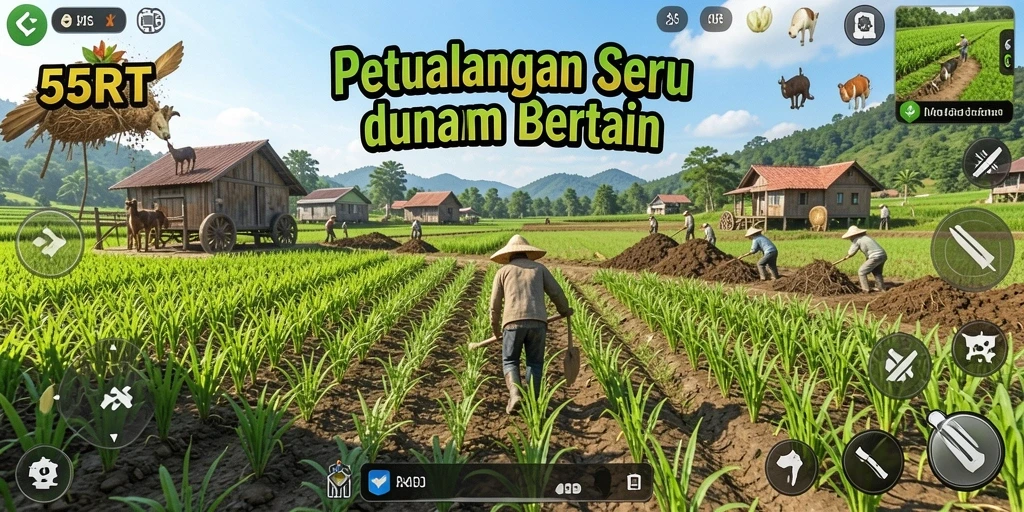 Tampilan gameplay seru di 55RT saat bertani dan mengelola kebun.