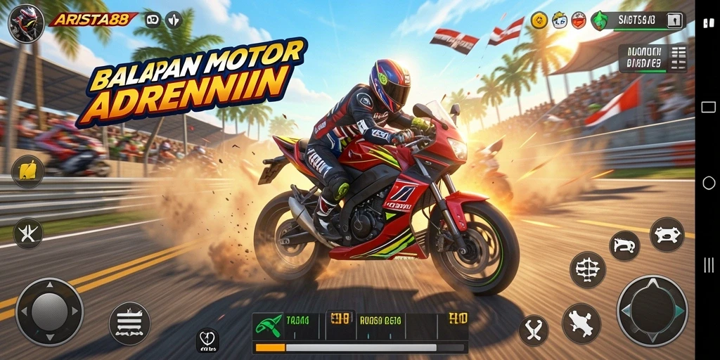 Tampilan gameplay seru balapan motor ARISTA88 yang menegangkan.