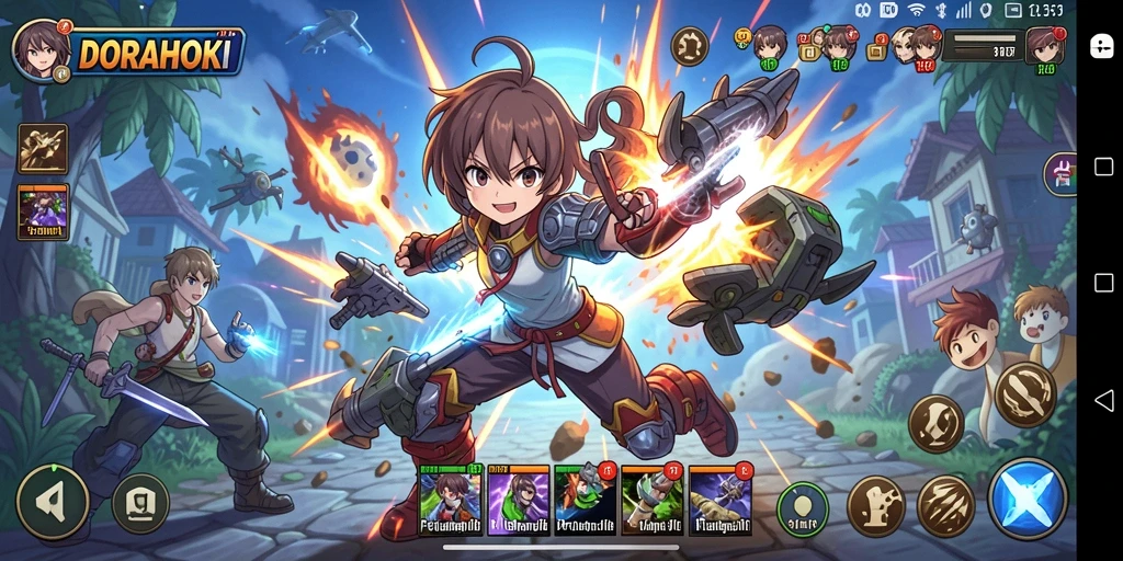 Screenshot gameplay DORAHOKI menampilkan karakter anime dalam pertempuran seru.