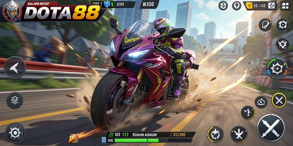 Screenshot gameplay DOTA88 yang menampilkan balapan seru dengan motor berkecepatan tinggi.