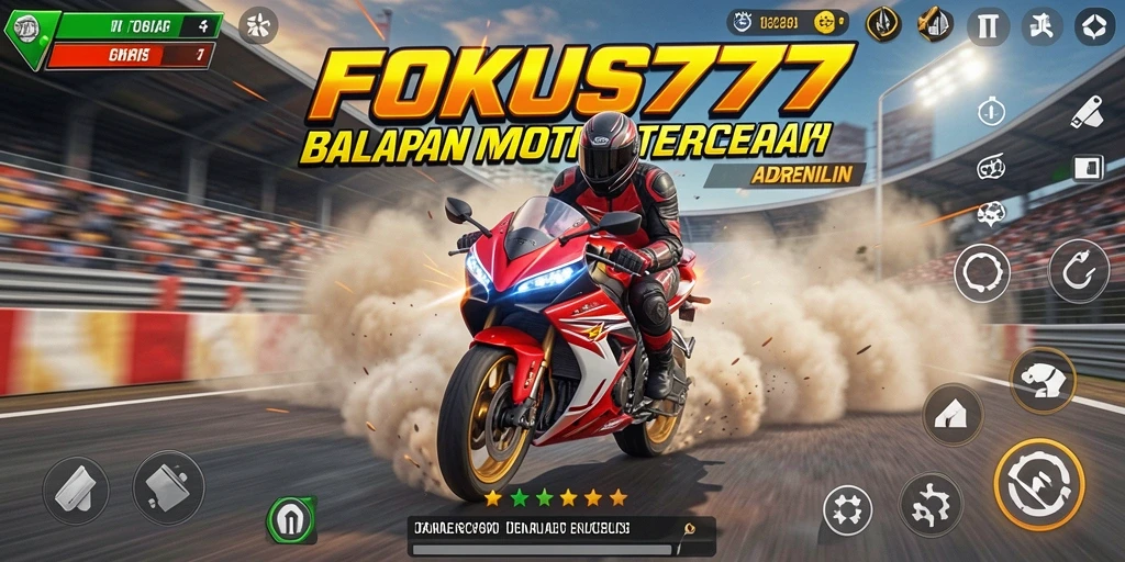 Screenshot FOKUS777 menampilkan balapan motor yang intens di sirkuit menantang.