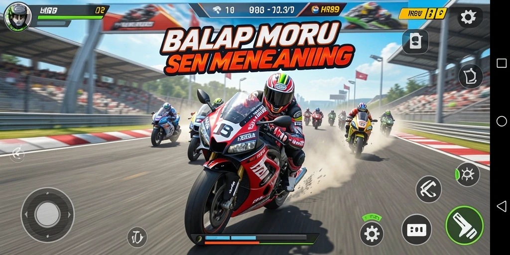 Screenshot utama HR89 menunjukkan aksi balap motor yang cepat dan menegangkan.