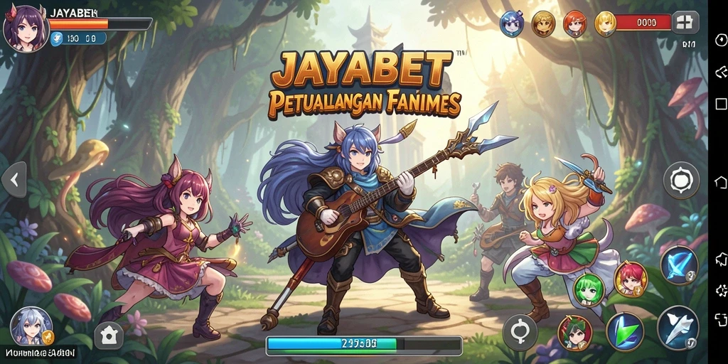Screenshot gameplay JAYABET menampilkan karakter anime bertarung di dunia fantastis.