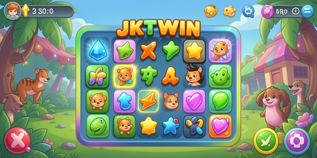 Tampilan gameplay JKTWIN dengan elemen Match-3 yang ceria.