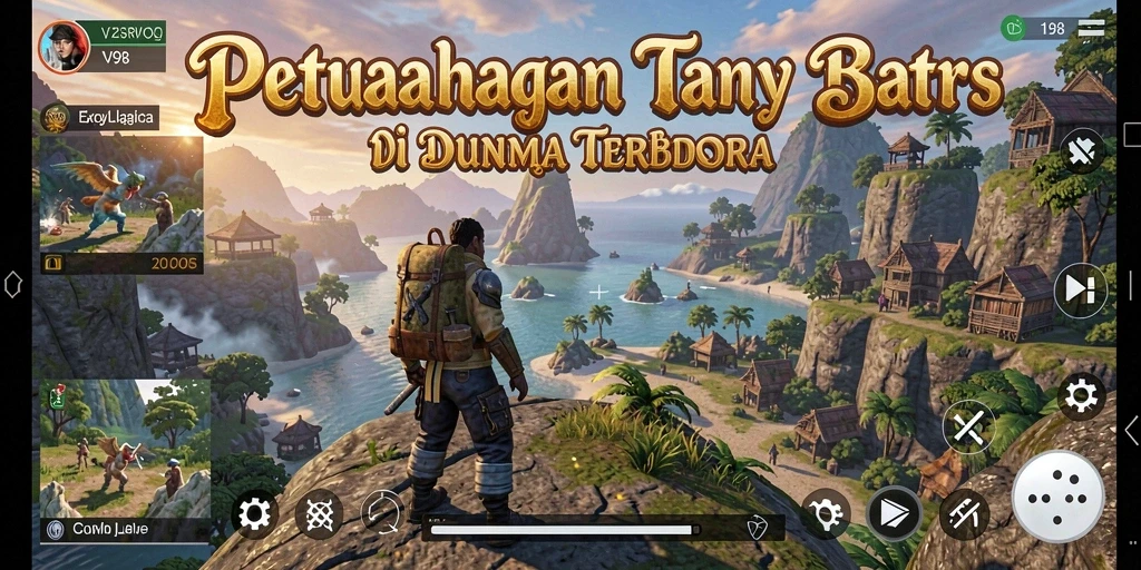 Screenshot V98 menunjukkan pemain menjelajahi dunia terbuka yang luas.